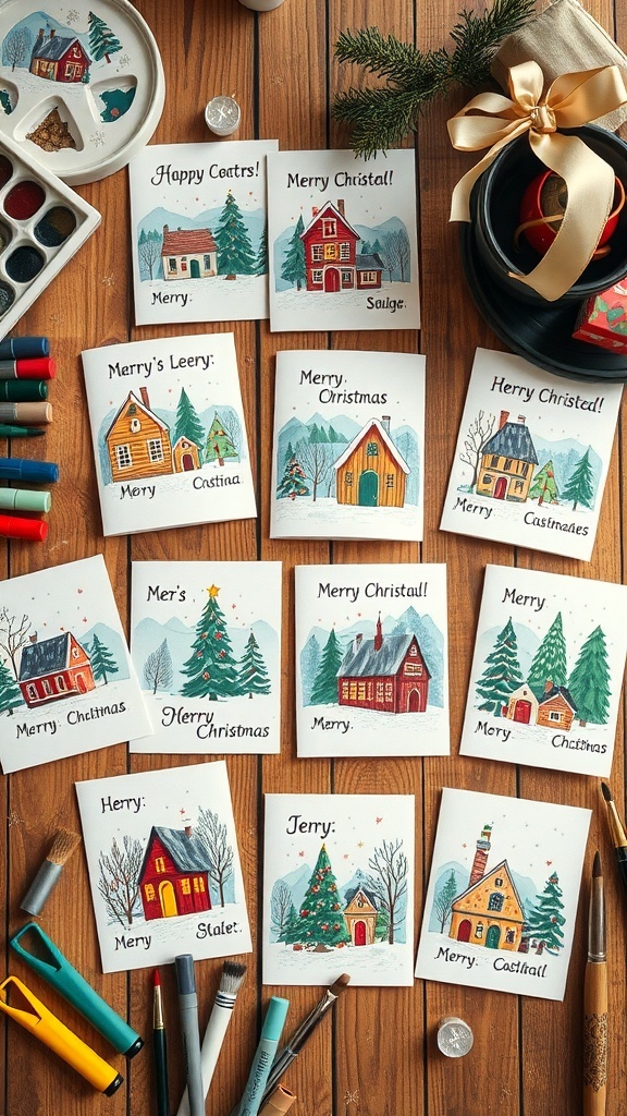A collection of handmade Christmas cards with village themes on a wooden table with art supplies.